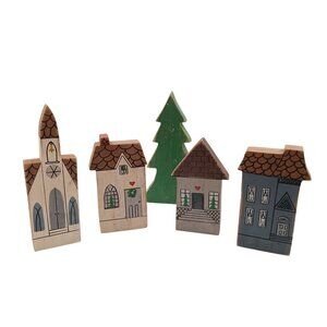 Hand-Painted Wooden Christmas Village Set With Houses & Tree - Rustic Holiday